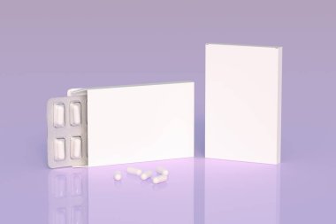Mockup template with two blisters with white pills capsules in packaging boxes. 3d render