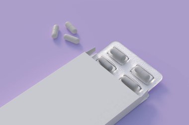 Mockup template with two blisters with white pills capsules in packaging boxes. 3d render