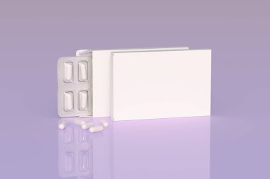 Mockup template with two blisters with white pills capsules in packaging boxes. 3d render