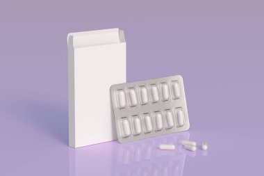 Mockup template with two blisters with white pills capsules in packaging boxes. 3d render