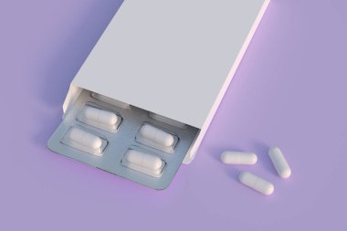 Mockup template with two blisters with white pills capsules in packaging boxes. 3d render