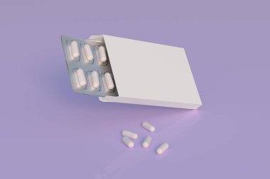 Mockup template with two blisters with white pills capsules in packaging boxes. 3d render