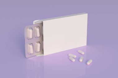 Mockup template with two blisters with white pills capsules in packaging boxes. 3d render