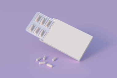 Mockup template with two blisters with white pills capsules in packaging boxes. 3d render