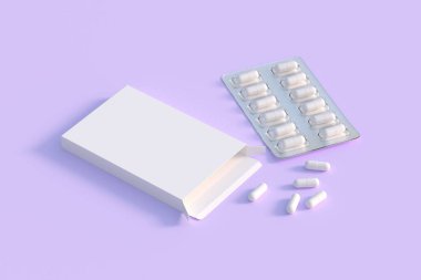 Mockup template with two blisters with white pills capsules in packaging boxes. 3d render