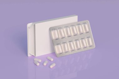Mockup template with two blisters with white pills capsules in packaging boxes. 3d render