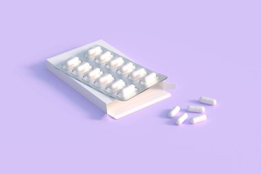 Mockup template with two blisters with white pills capsules in packaging boxes. 3d render