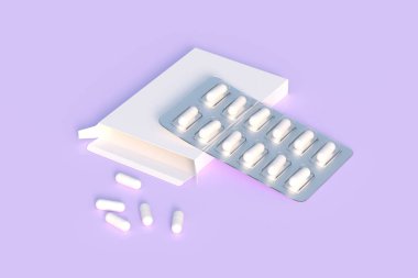 Mockup template with two blisters with white pills capsules in packaging boxes. 3d render