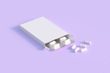 Mockup template with two blisters with white pills capsules in packaging boxes. 3d render