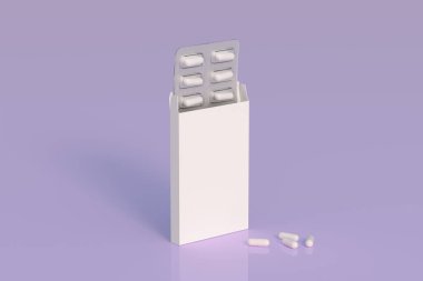 Mockup template with two blisters with white pills capsules in packaging boxes. 3d render