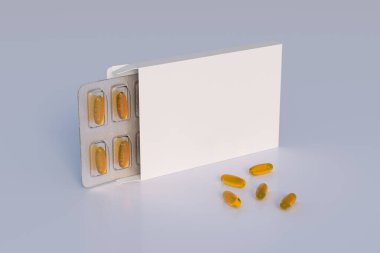 Mockup template with two blisters with white pills capsules in packaging boxes. 3d render