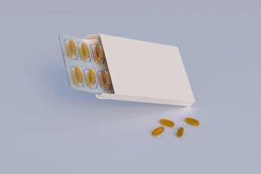 Mockup template with two blisters with white pills capsules in packaging boxes. 3d render