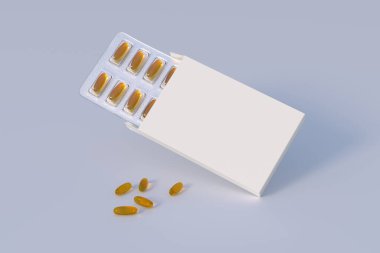 Mockup template with two blisters with white pills capsules in packaging boxes. 3d render