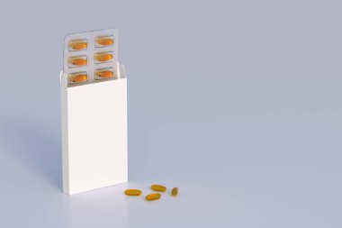 Mockup template with two blisters with white pills capsules in packaging boxes. 3d render