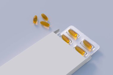 Mockup template with two blisters with white pills capsules in packaging boxes. 3d render