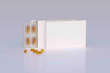 Mockup template with two blisters with white pills capsules in packaging boxes. 3d render