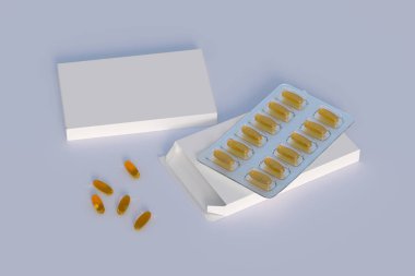 Mockup template with two blisters with white pills capsules in packaging boxes. 3d render