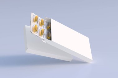 Mockup template with two blisters with white pills capsules in packaging boxes. 3d render