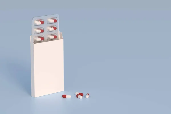 Mockup template with two blisters with white pills capsules in packaging boxes. 3d render