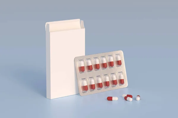 Πρότυπο Mockup Δύο Κυψέλες Λευκά Χάπια Κάψουλες Κουτιά Συσκευασίας Απόδοση — Φωτογραφία Αρχείου