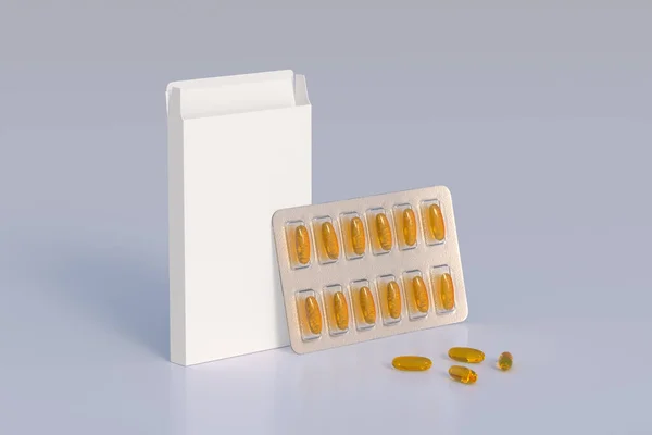 Mockup template with two blisters with white pills capsules in packaging boxes. 3d render