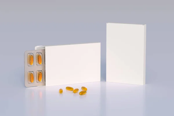 Mockup template with two blisters with white pills capsules in packaging boxes. 3d render