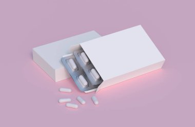 Mockup template with two blisters with white pills capsules in packaging boxes. 3d render