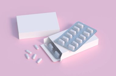 Mockup template with two blisters with white pills capsules in packaging boxes. 3d render