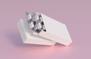 Mockup template with two blisters with white pills capsules in packaging boxes. 3d render