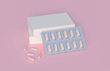 Mockup template with two blisters with white pills capsules in packaging boxes. 3d render