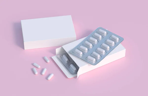 Mockup Template Two Blisters White Pills Capsules Packaging Boxes Render — Foto de Stock