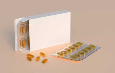 Editable mockup of fish oil omega 3 golden capsules in two blister pack. 3d rendering.