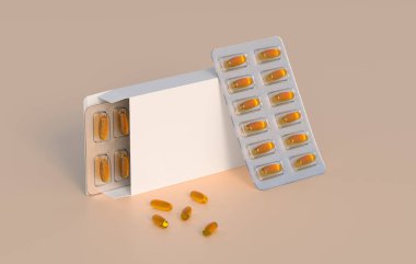 Editable mockup of fish oil omega 3 golden capsules in two blister pack. 3d rendering.