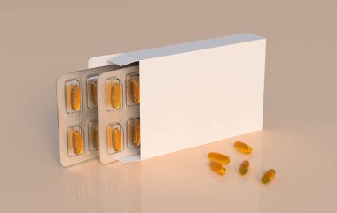 Editable mockup of fish oil omega 3 golden capsules in two blister pack. 3d rendering.