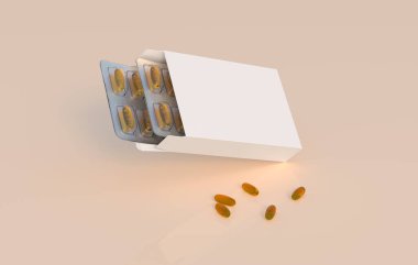 Editable mockup of fish oil omega 3 golden capsules in two blister pack. 3d rendering.