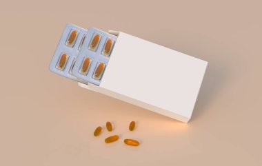 Editable mockup of fish oil omega 3 golden capsules in two blister pack. 3d rendering.