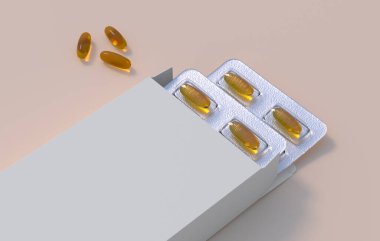 Editable mockup of fish oil omega 3 golden capsules in two blister pack. 3d rendering.