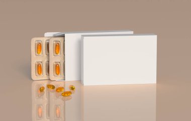 Editable mockup of fish oil omega 3 golden capsules in two blister pack. 3d rendering.