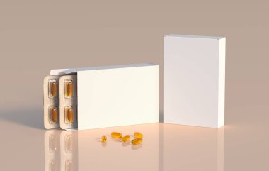 Editable mockup of fish oil omega 3 golden capsules in two blister pack. 3d rendering.