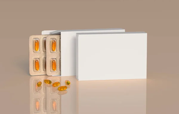 Editable mockup of fish oil omega 3 golden capsules in two blister pack. 3d rendering.
