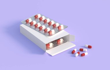Close up of package with two blisters with medicines pills. Mockup template. 3d rendering