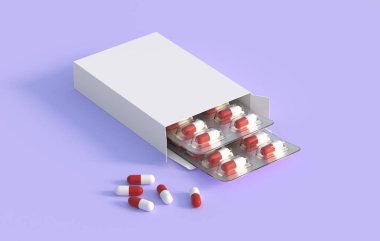 Close up of package with two blisters with medicines pills. Mockup template. 3d rendering