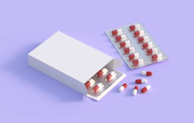 Close up of package with two blisters with medicines pills. Mockup template. 3d rendering