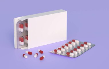 Close up of package with two blisters with medicines red-white pills. Mockup template. 3d rendering