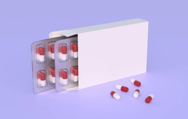 Close up of package with two blisters with medicines red-white pills. Mockup template. 3d rendering