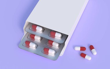 Close up of package with two blisters with medicines red-white pills. Mockup template. 3d rendering