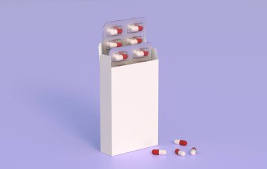 Close up of package with two blisters with medicines red-white pills. Mockup template. 3d rendering