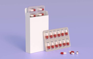 Close up of package with two blisters with medicines red-white pills. Mockup template. 3d rendering