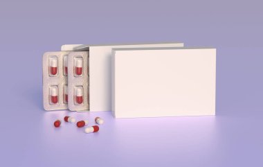 Close up of package with two blisters with medicines red-white pills. Mockup template. 3d rendering