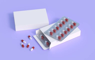 Close up of package with two blisters with medicines red-white pills. Mockup template. 3d rendering